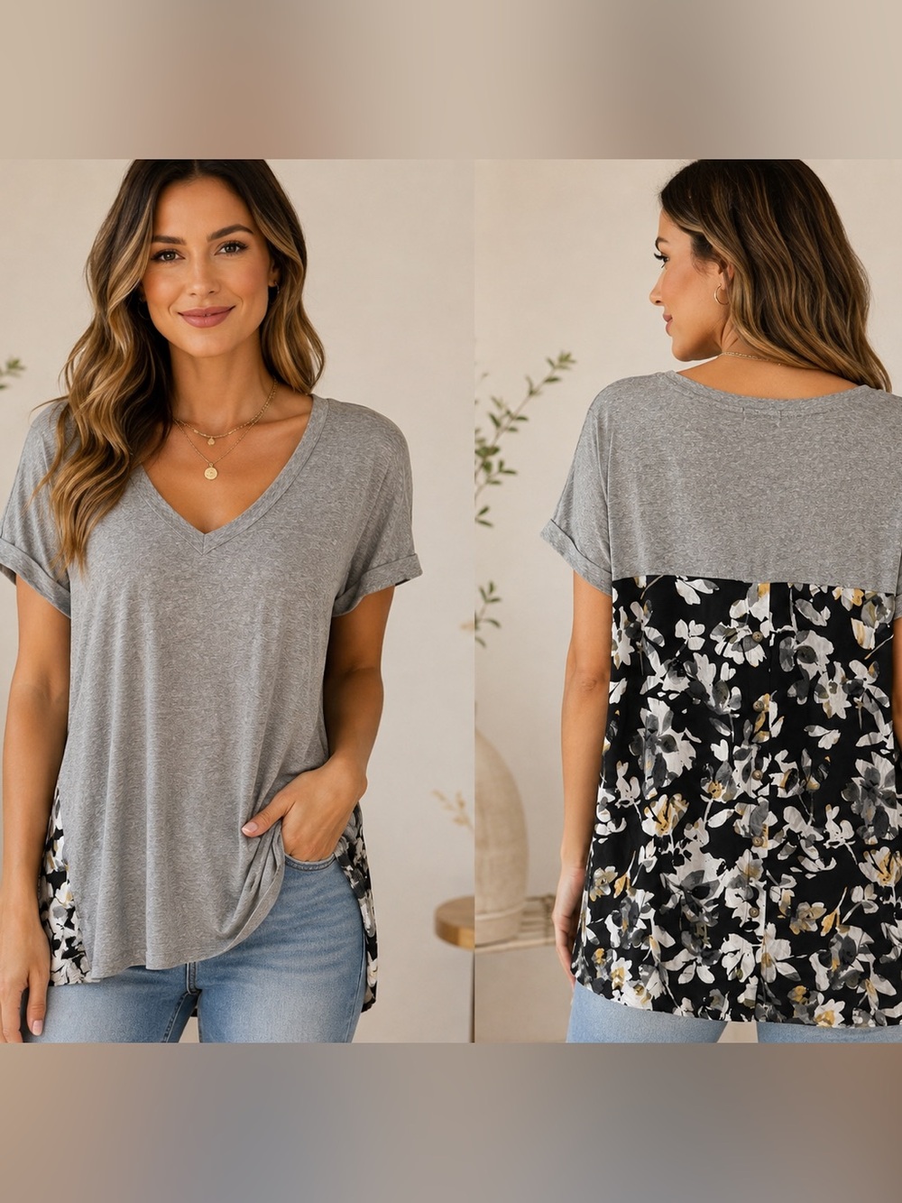 Anthropologie T.La Grey V-Neck Tee Black Floral Mixed Media Back Top M